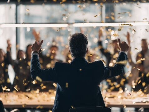 Rear view of a senior manager celebrating success with golden confetti in the office. concept for achieving goals, business milestone and successful project completion