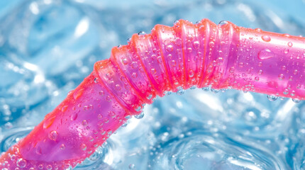 Macro of a pink plastic straw with condensation in a cold drink. Refreshing summer beverage with blue ice cubes in the background
