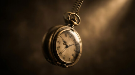 Vintage pocket watch with roman numerals on a dark background. Classic antique timepiece hanging from a chain. Concept of time, history, and nostalgia