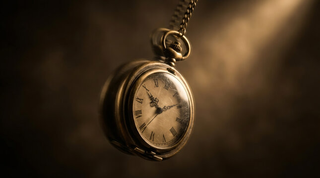 Vintage pocket watch with roman numerals on a dark background. Classic antique timepiece hanging from a chain. Concept of time, history, and nostalgia