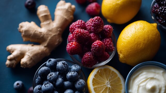 A vibrant display of fresh raspberries, blueberries, lemons, and ginger on a dark surface, ideal for health themes.