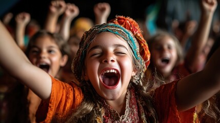 The exuberant expression of a young girl in colorful attire is captured as she raises her arms in celebration, embodying joy and the spirit of community among her peers.
