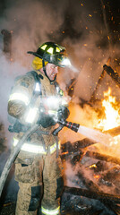 Naklejka premium Firefighter actively battling intense flames. 