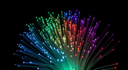 Abstract technological background with glowing rainbow fiber optics.