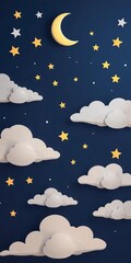 Paper cut moon, stars, and clouds float in a dreamy cartoon night sky, ideal for bedtime stories,  crescent,  sleep