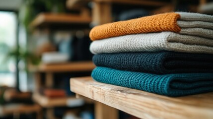 A close-up view of neatly folded wool sweaters in rich colors on a wooden display, embodying the essence of modern retail aesthetic and cozy fashion perfect for the cold season.