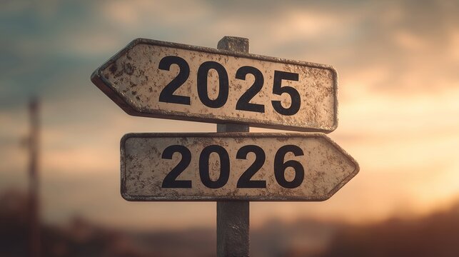 Rusty directional signpost showing years 2025 and 2026 against blurry sky background. Concept for future planning, financial forecast and strategic decision - Powered by Adobe