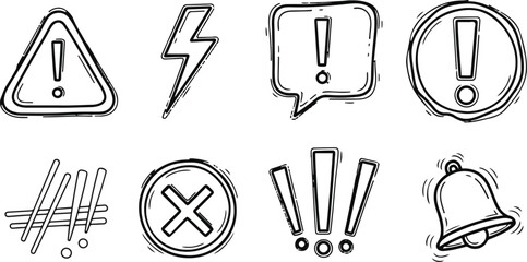 Set of Hand Drawn Warning and Alert Icons Keywords: warning, alert, icon, symbol, exclamation