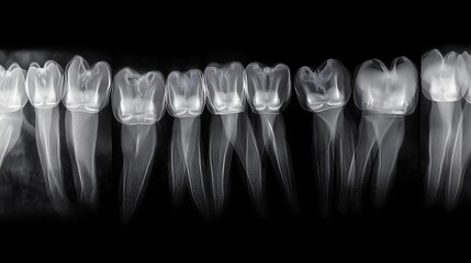 Black and white X-ray showcasing detailed dental anatomy, highlighting teeth structure and placement in a medical context.