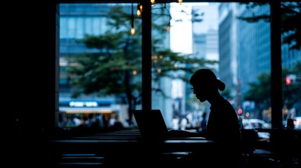 Silhouette of a female executive using laptop in a coffee shop with city view. Concept for remote work, digital nomad and business communication