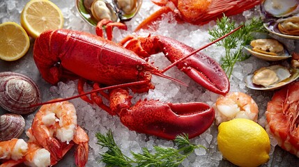 Freshly caught lobster and seafood medley atop ice ready for grilling or steaming for a summer dinner party or seafood festival