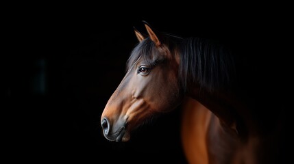 Obraz premium A majestic brown horse gazes thoughtfully, illuminated against a dark background, showcasing its graceful profile and expressive eye.