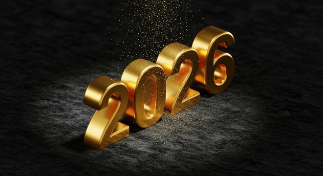 Celebrate 2026 with shimmering golden numbers against a textured dark backdrop, perfect for New Year's Eve invitations and milestone celebrations