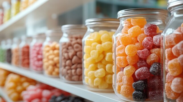 A neatly arranged display of colorful gummy candies in glass jars on a bright shelf, creating an inviting visual treat that delights candy enthusiasts and showcases an abundance of sugary choices.