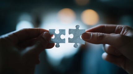Two hands holding matching puzzle pieces symbolize connection, teamwork, and problem-solving in a blurred background setting.