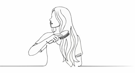 Continuous line drawing of a woman brushing her long flowing hair.