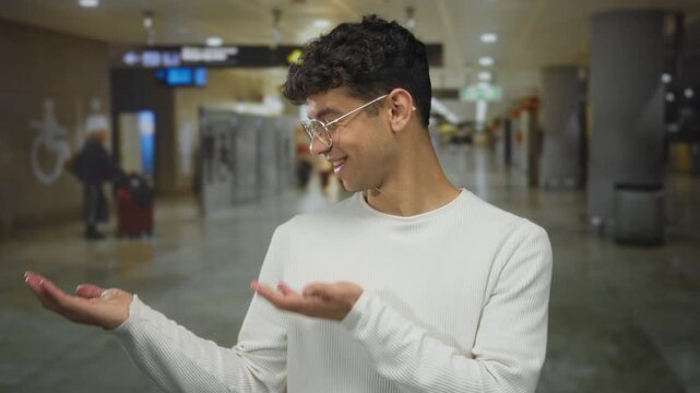 Man wearing white long sleeve shirt and eyeglasses holding open palms in airport terminal indoors; welcoming.