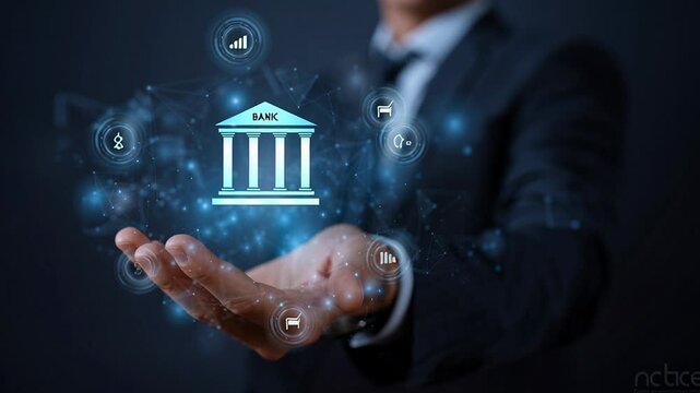 Financial security symbols, Corporate figure exhibiting advanced holographic financial symbols highlighting security and trust in banking services