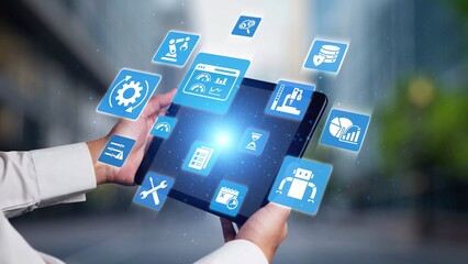Predictive maintenance icons for industry, automation, smart factory and manufacturing showing data analysis, monitoring, robotics and system optimization with advanced maintenance solutions. Gist