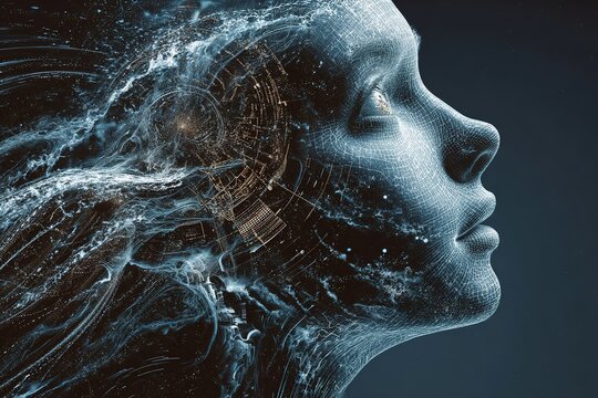Futuristic female portrait with digital elements, showcasing flowing hair and intricate patterns, representing the fusion of technology and human emotion in a captivating visual narrative - Powered by Adobe