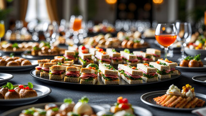 Food table sandwiches small intricate dishes glasses black plate vibrant warm inviting shallow depth fine dining special occasion catering magazine style generative AI