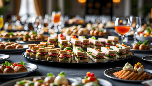 Food table sandwiches small intricate dishes glasses black plate vibrant warm inviting shallow depth fine dining special occasion catering magazine style generative AI