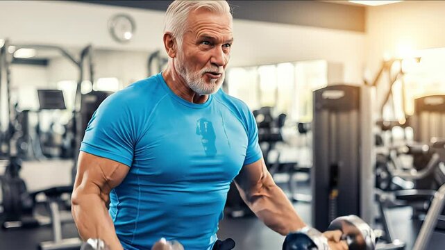 Senior man lifting dumbbells in gym, showcasing strength and determination, camera follows with a smooth pan, highlighting fitness journey and vibrant atmosphere of workout