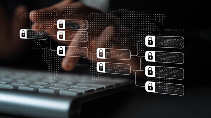 Blockchain structure showing distributed data blocks linked with encryption, representing secure transaction verification, decentralized control, and immutable record system Marrow