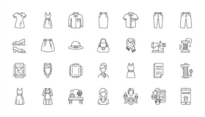 Fashion & Sewing Outline Icon Set – Clothing, Tailor & Accessories Vector Illustration