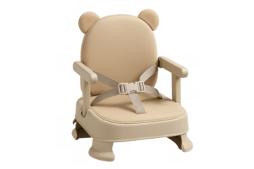 Beige baby booster seat with bear ear design and safety harness, providing secure and comfortable dining