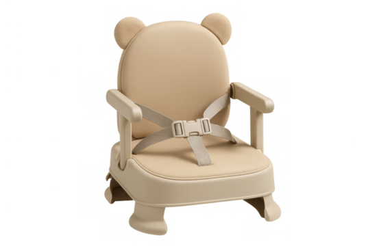 Beige baby booster seat with bear ear design and safety harness, providing secure and comfortable dining