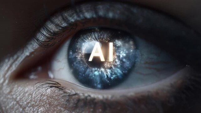 closeup human eye reflecting ai, galaxy-like data patterns ripple across iris, luminous HUD letterforms float on pupil, tiny sparks of light scatter