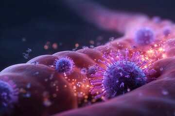Colorful 3D illustration of virus cells interacting with human cells, showcasing intricate details of cellular structures and biological processes in a microscopic environment
