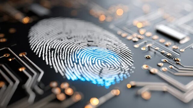 Digital fingerprint on circuit board, glowing turquoise ridges over microchip traces, close up of sensor and gold contacts, high-tech biometric authentication