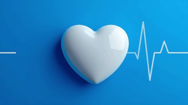 Glossy white heart on a blue surface, with a pale heartbeat line crossing the frame, calm, hopeful.!
