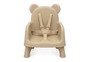 Beige plastic baby booster seat, a compact and portable solution for children, featuring a secure five-point safety harness