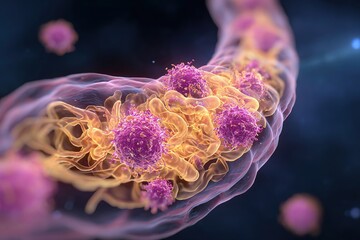 Colorful 3D illustration of vibrant cells interacting in a dynamic environment, showcasing intricate details and textures, representing biological processes and cellular activity