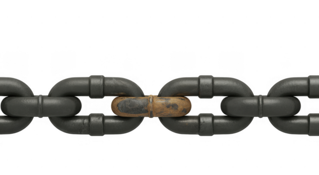 Rusty chain link connecting metal links isolated on a transparent background