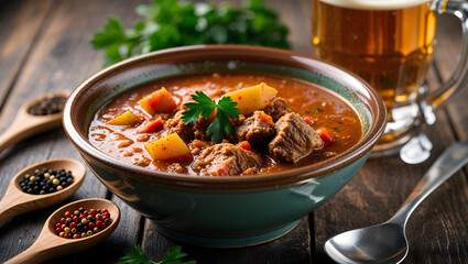 Stew soup bowl ceramic brown rim meat vegetables tomato sauce wooden table glass beer parsley wooden spoons spices rustic blurred background appetizing generative AI