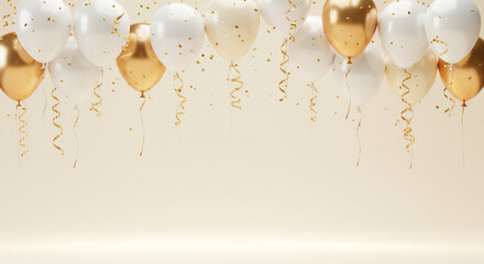 Minimal festive background with cream and gold balloons hanging across the top, scattered golden confetti, soft beige backdrop with lots of empty space in the center, elegant 16:9 celebration banner.
