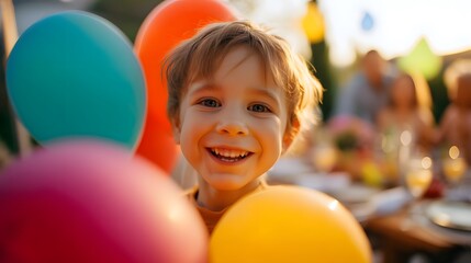 Joyful Child Holding Colorful Balloons at an Outdoor Party