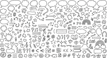 Hand drawn sketch doodle elements collection of arrows speech bubbles and other shapes