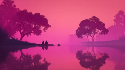 Acrylglasbilder Rosa Tranquil landscape depicting trees and water with vivid pink tones  © Soonwiin
