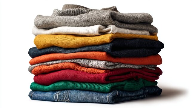 Cozy colorful stack of sweaters and denim jeans ready for fall fashion styling and wardrobe inspiration on a bright white background