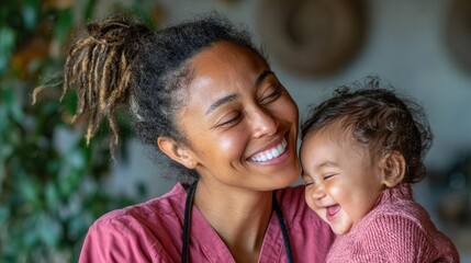 Fototapeta premium Mother and Baby Laughing Together (Pink Scrubs)
