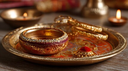 Traditional Indian Pooja Thali with Gold Bangles, Decorative Sindoor Holder and Lit Diya