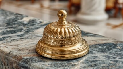 Ornate Golden Service Bell on Marble Counter in Luxury Interior