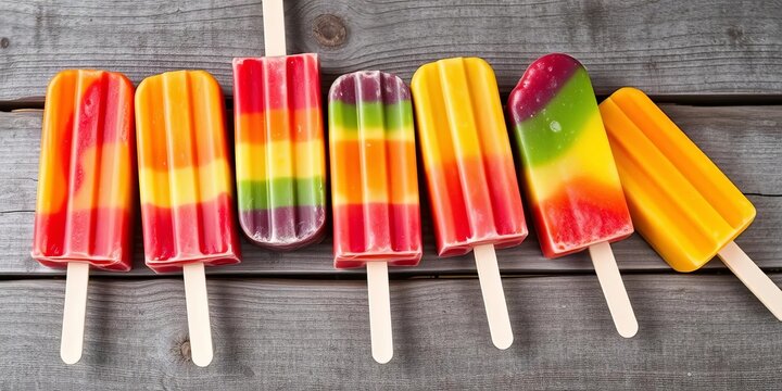 Vibrant rainbow popsicles arranged on weathered wood, ice lollies, close up