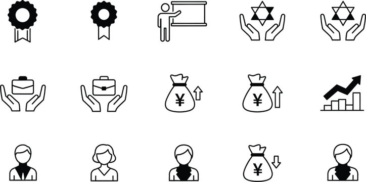 Business and finance icon set awards presentation care money and people