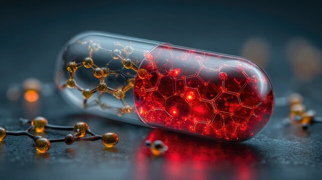 Futuristic Transparent Capsule with Red Molecular Structure - Powered by Adobe